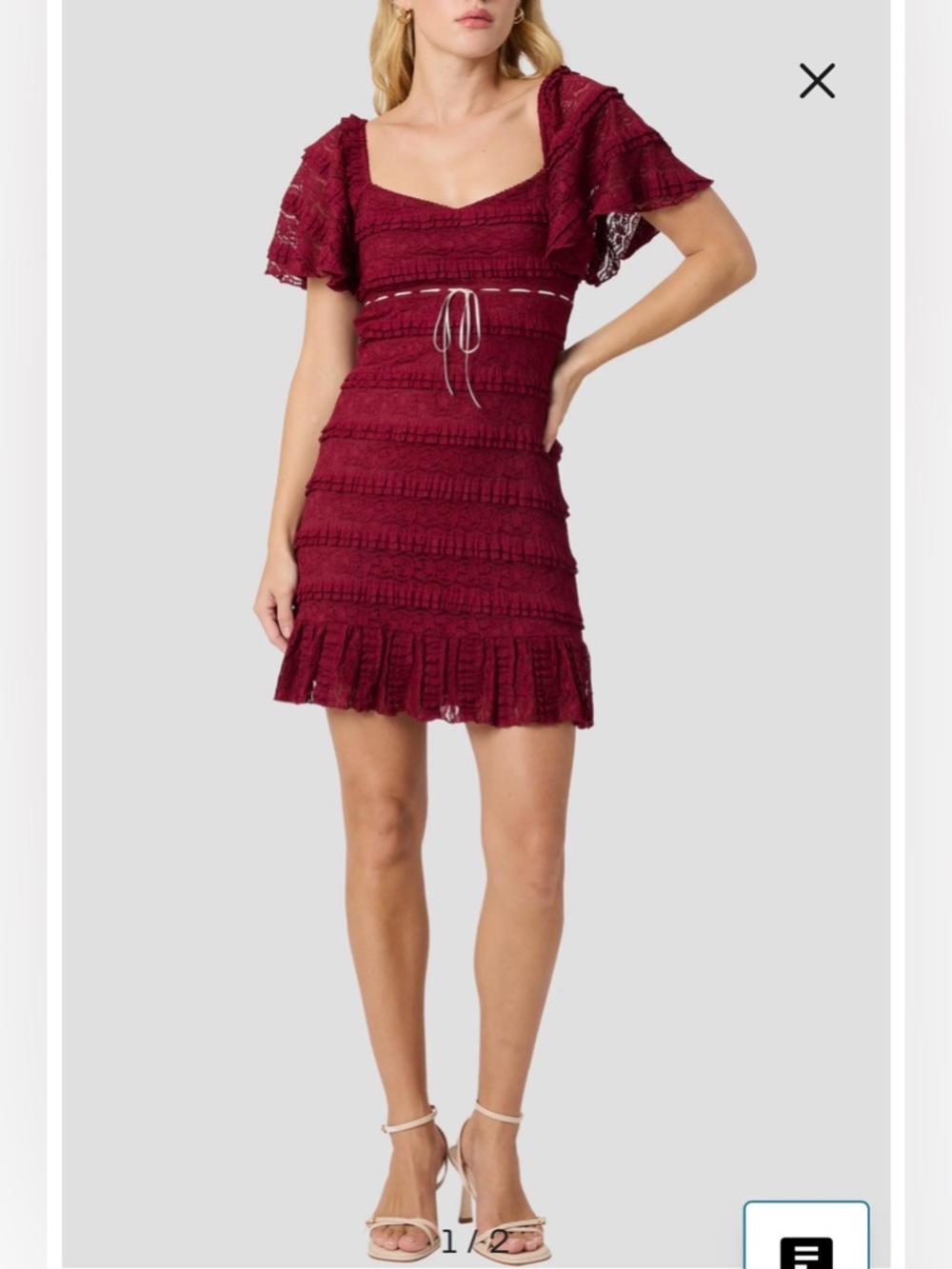 NWT- All in Favor Flutter Sleeve Lace Minidress, Burgundy Ivory, size Medium
